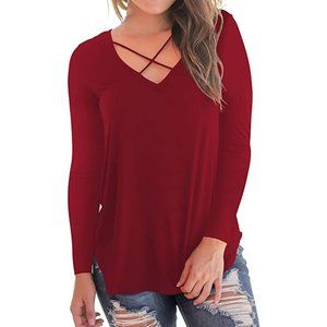 Women's Casual Long Sleeve T Shirt Red V-Neck
